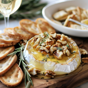 A beautifully plated baked brie paired with a glass of white wine or champagne, topped with honey, nuts, and rosemary, with crackers and baguette on the side.