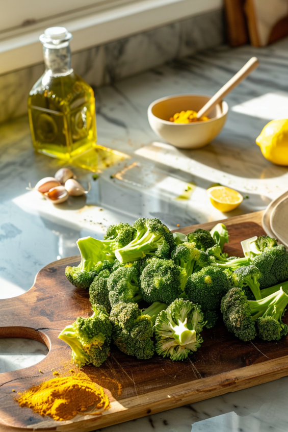 Fresh ingredients for turmeric tahini sauce with roasted broccoli, including tahini, turmeric, garlic, and broccoli