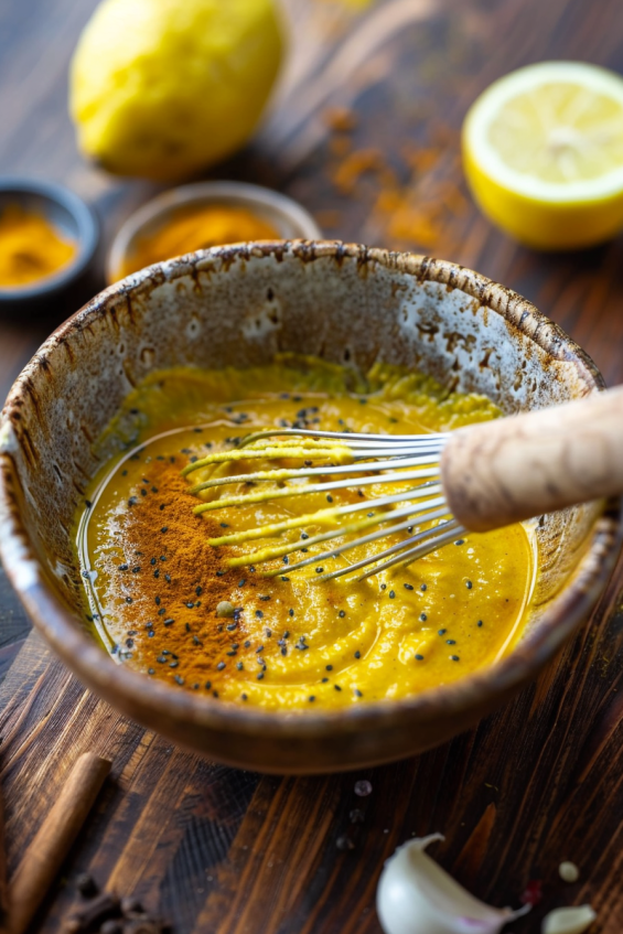 Roasting broccoli in the oven and preparing turmeric tahini sauce with garlic and spices