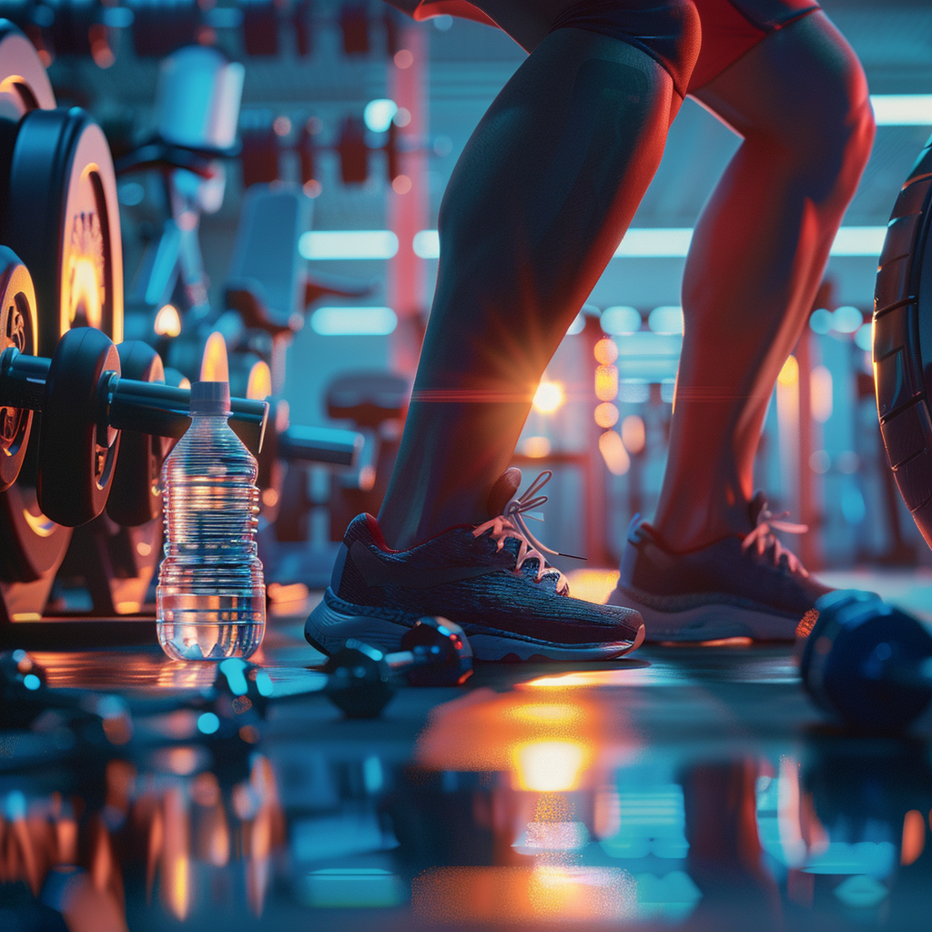 An athlete preparing for a workout with gym equipment and a water bottle, emphasizing the importance of pre-workout meal ideas and preparation