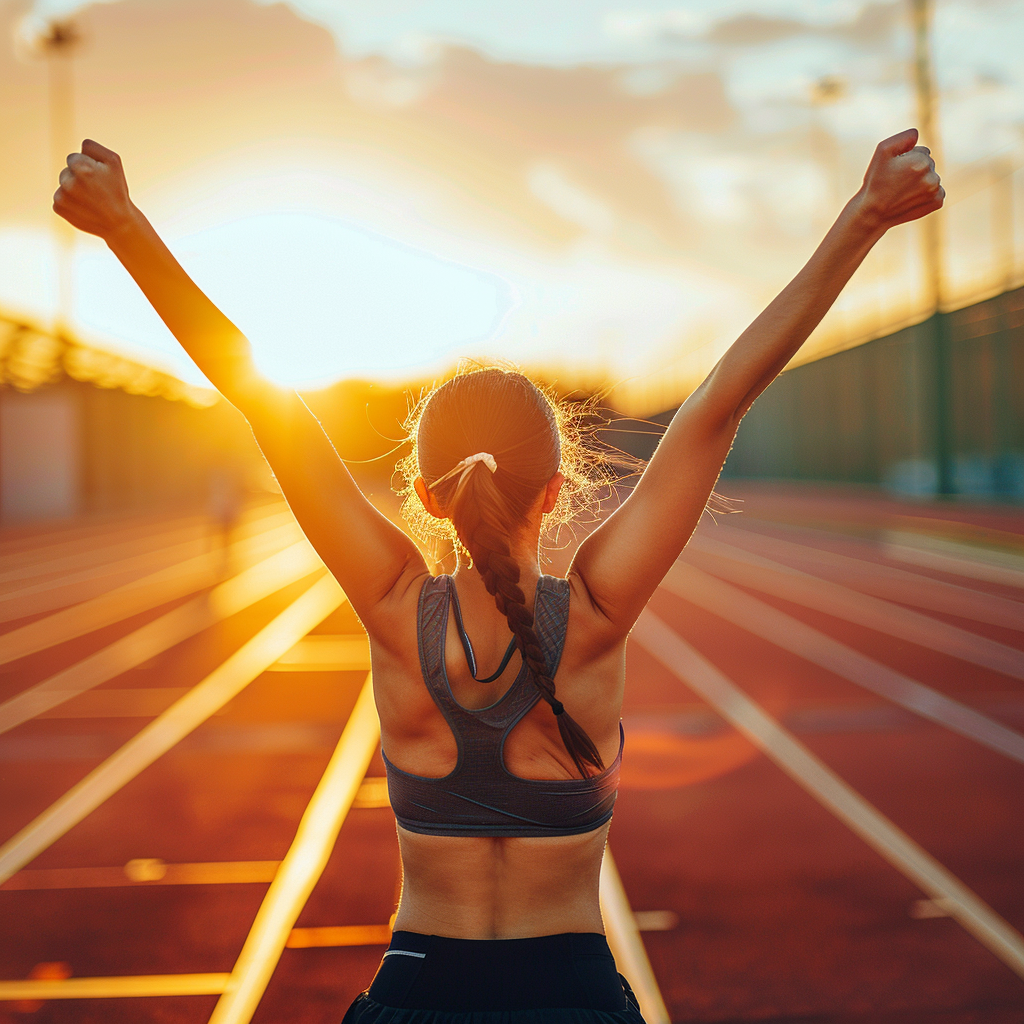 A person raising their arms triumphantly after a workout, with a bright, energetic background.