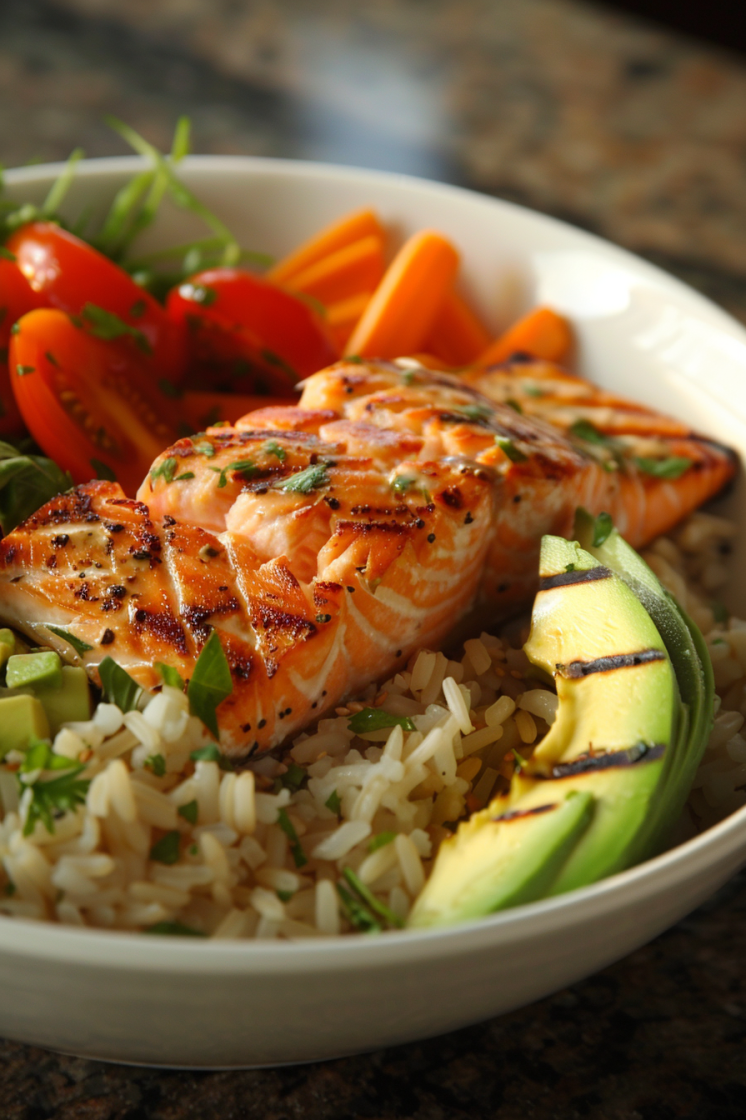 A rice bowl with steamed brown rice, grilled salmon, and avocado, a nutritious pre-workout meal idea.