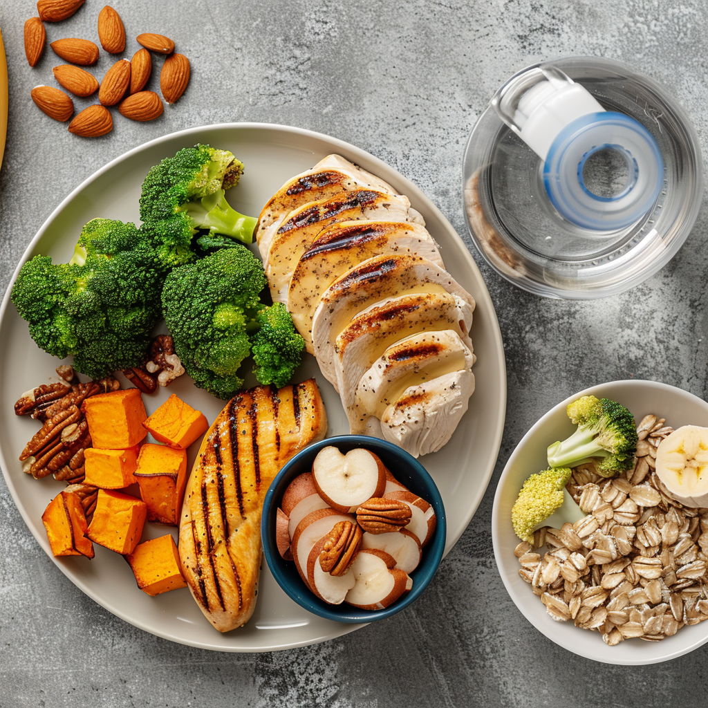 A table showcasing balanced pre-workout meal ideas, including oats, chicken, sweet potatoes, and broccoli.