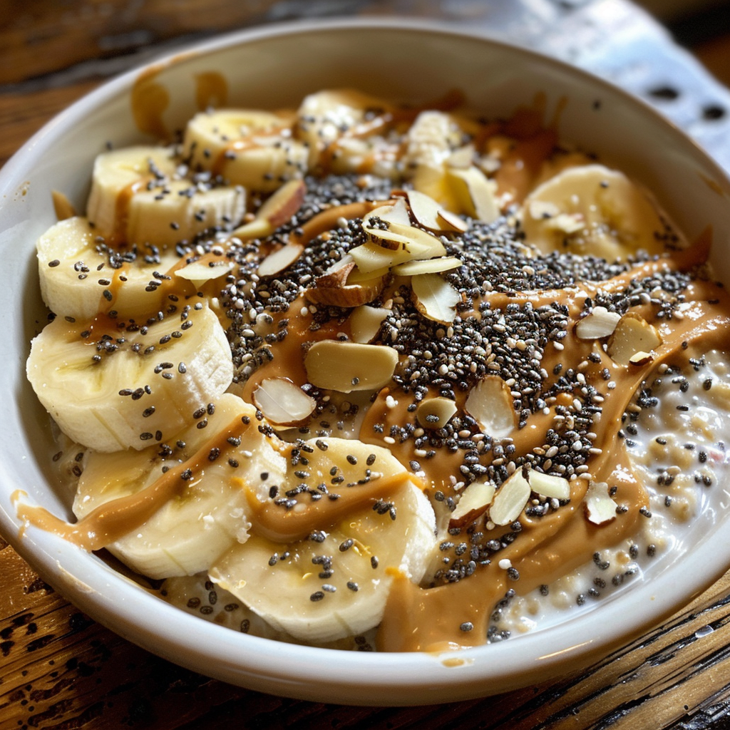 A bowl of oatmeal topped with banana slices, almond butter, and chia seeds, one of the pre-workout meal ideas for sustained energy.