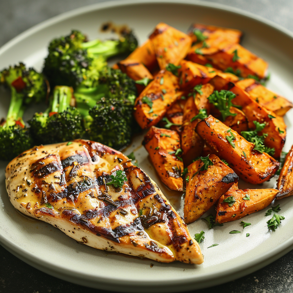 A plate with grilled chicken, roasted sweet potatoes, and steamed broccoli, a balanced pre-workout meal idea for endurance.