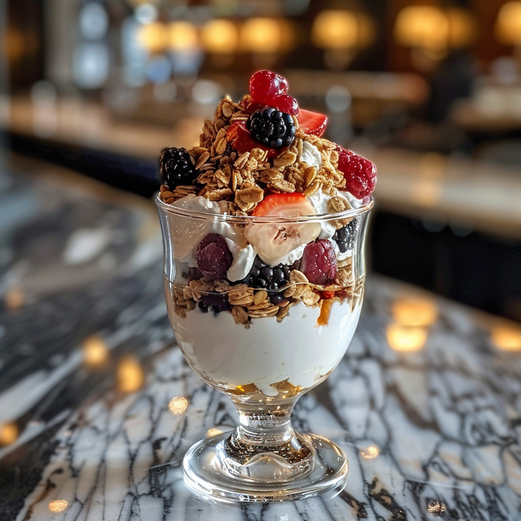 A glass of Greek yogurt layered with granola, berries, and honey, an energizing pre-workout meal idea.