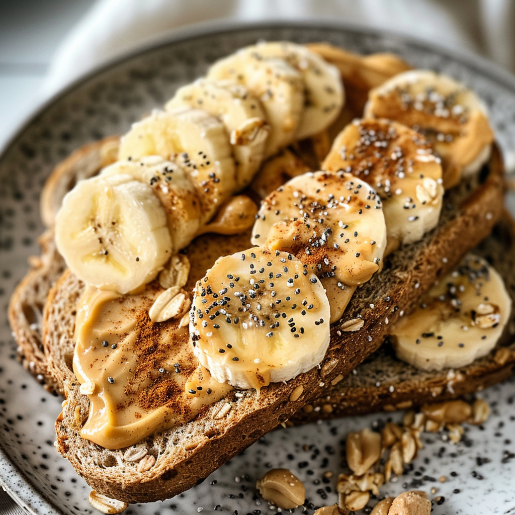 Whole-grain toast with peanut butter and banana slices, a quick and easy pre-workout meal idea.