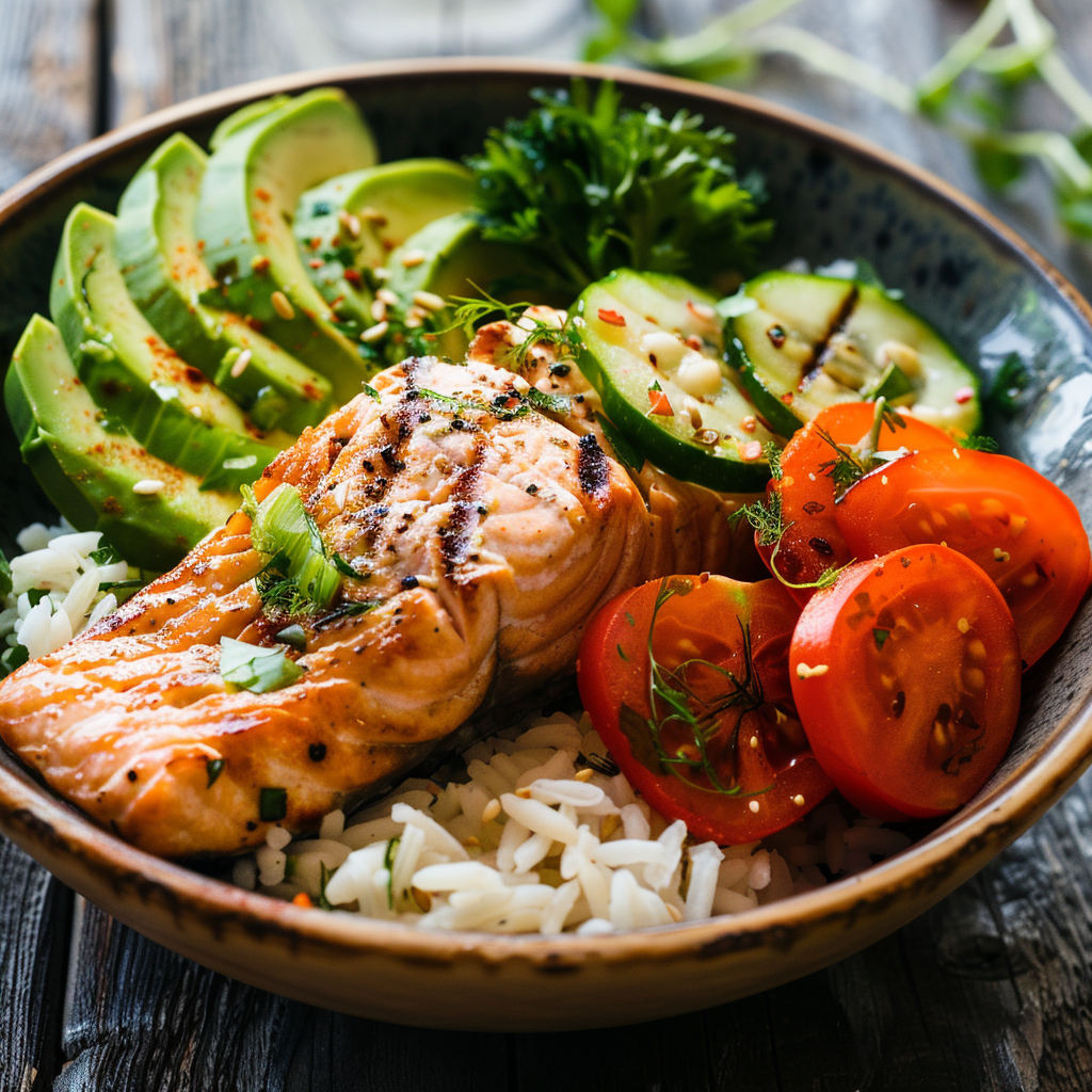 A rice bowl with steamed brown rice, grilled salmon, and avocado, a nutritious pre-workout meal idea.