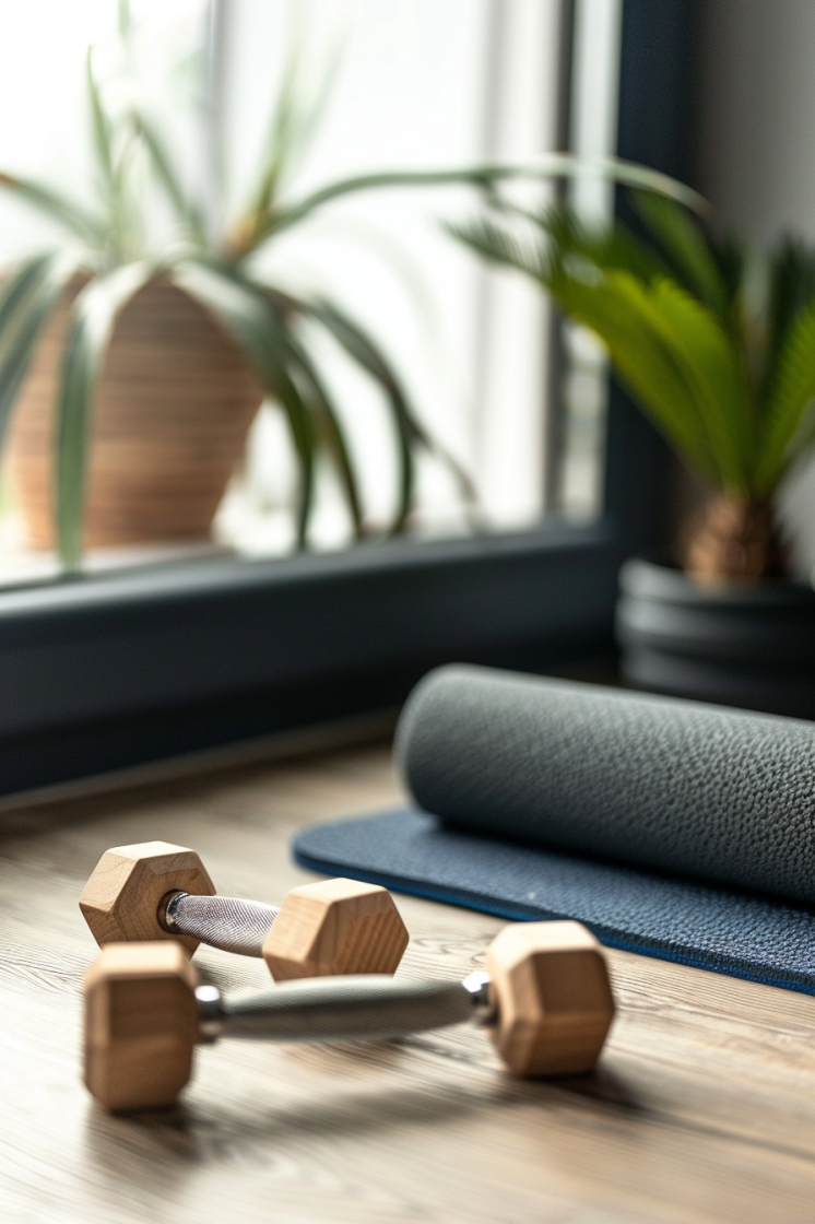 Essential home workout tools such as dumbbells, a foam roller, and resistance bands that enhance strength, flexibility, and recovery during training