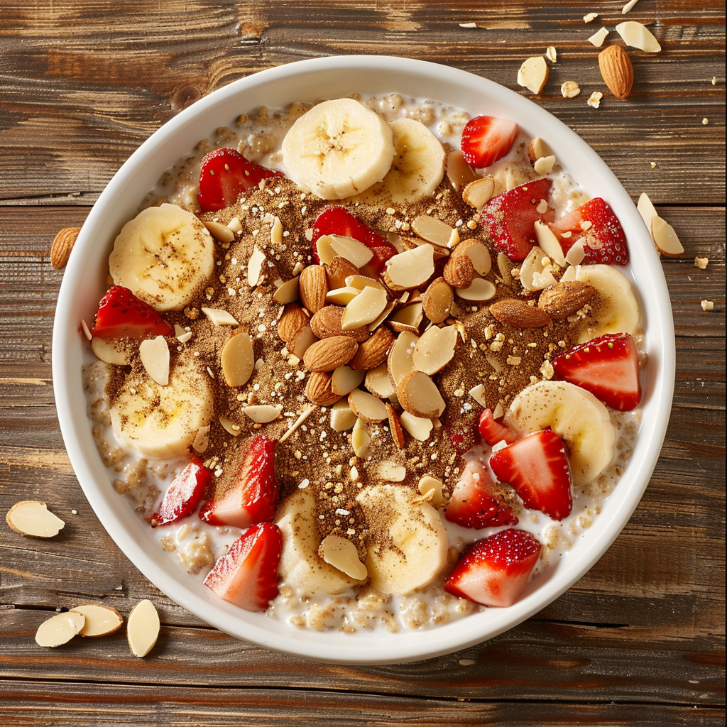 Quick microwave oatmeal topped with fresh fruit and nuts, a healthy breakfast for busy mornings