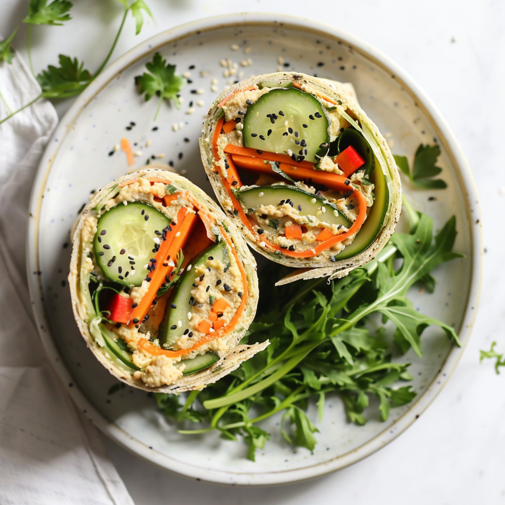 Healthy hummus and veggie wrap with fresh vegetables for a quick and easy lunch