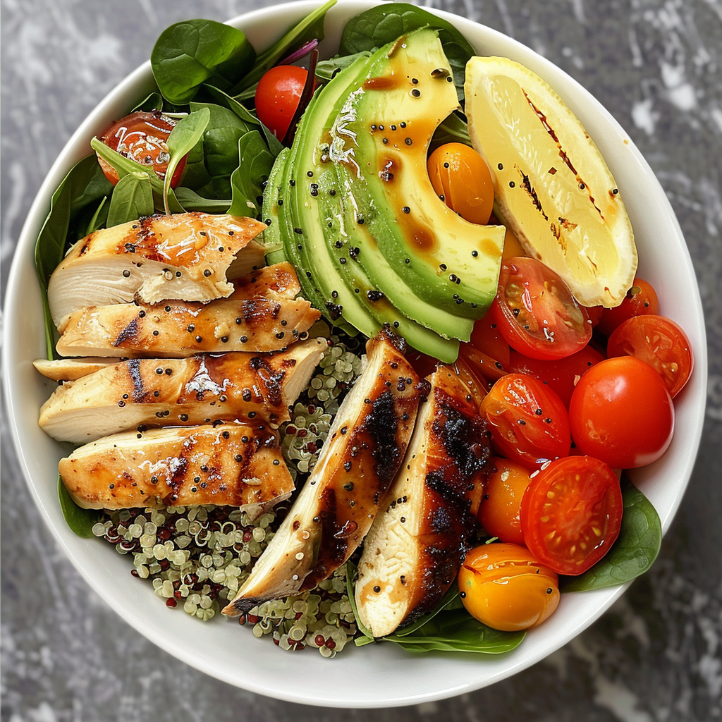 Healthy grilled chicken and quinoa power bowl with fresh vegetables for quick nutrition