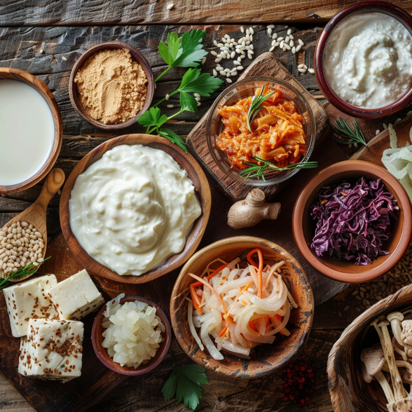 Various probiotic-rich foods arranged on a table