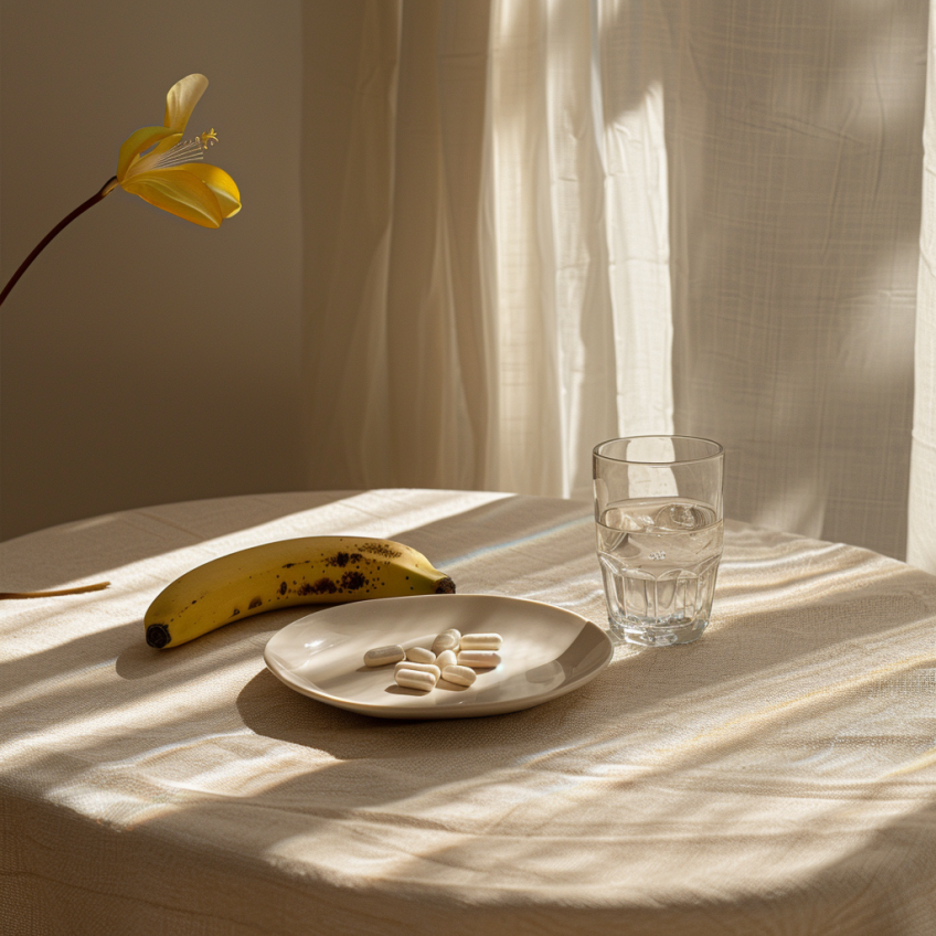 Preparation of probiotic capsules and prebiotic foods on a table