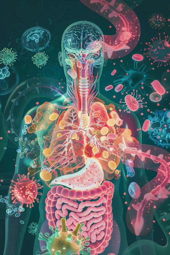 Artistic graphic of the gut filled with glowing probiotics