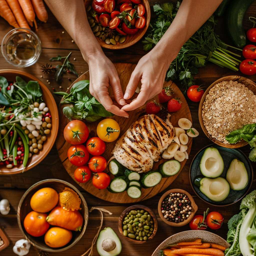 Fresh vegetables, fruits, whole grains, and grilled chicken neatly arranged on a table with warm lighting