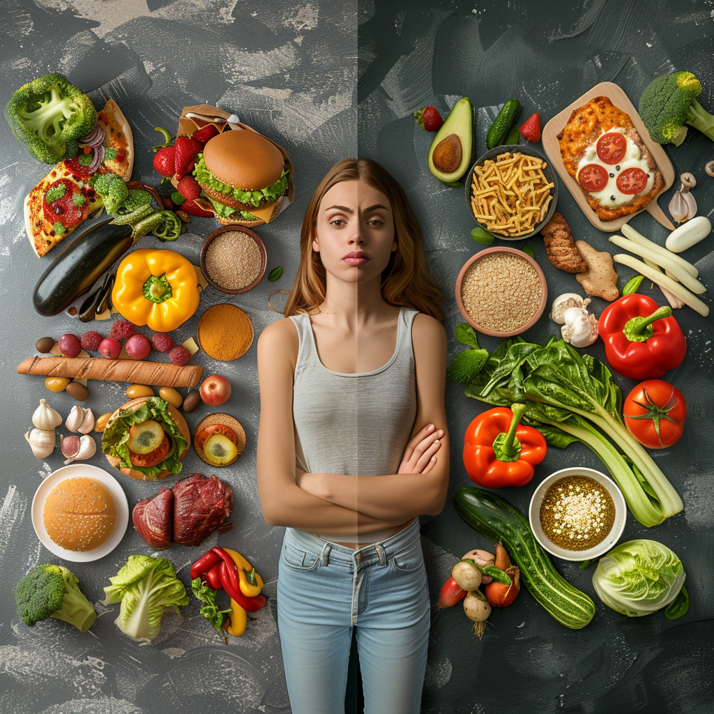 A person standing between high-calorie fast food and a healthy meal, looking confused.