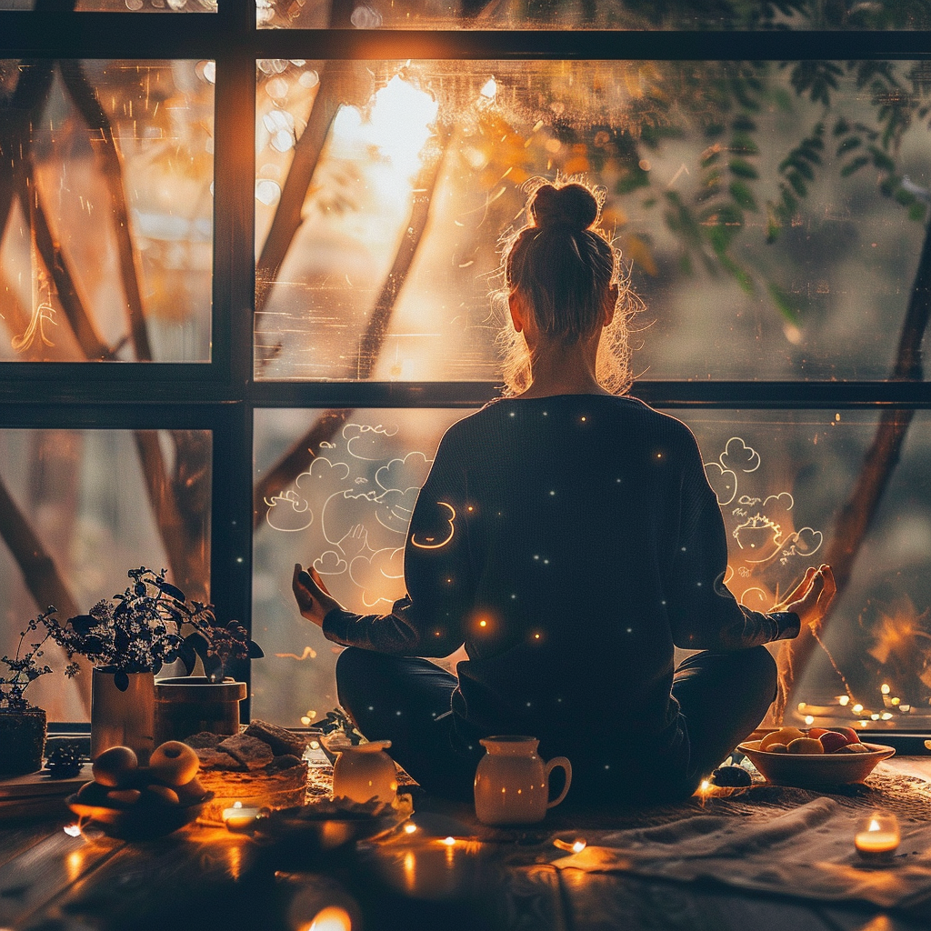 A person meditating near fresh food, surrounded by natural light in a serene setting.