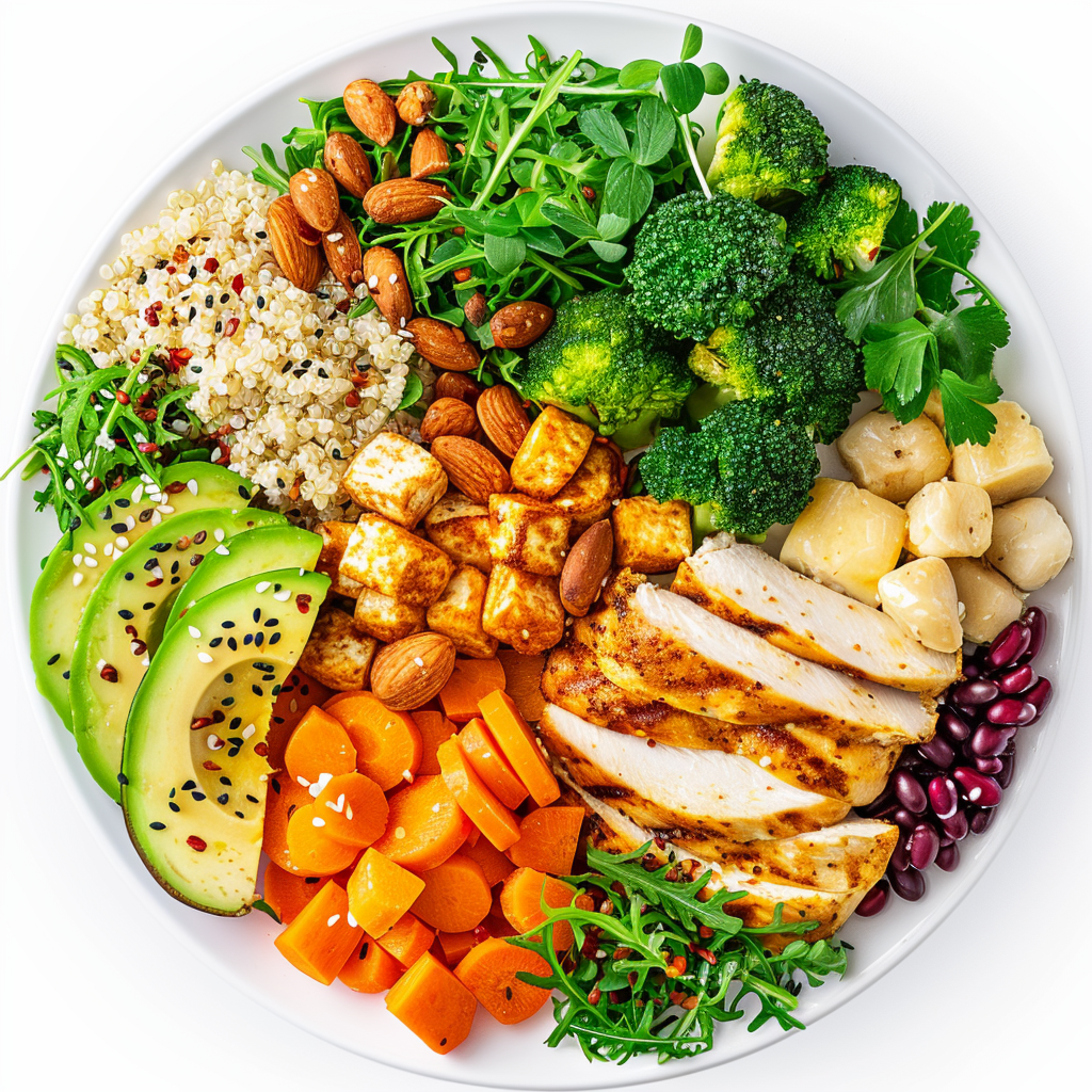 A vibrant plate with protein, healthy carbs, vegetables, and healthy fats, with nutrient icons glowing around it.