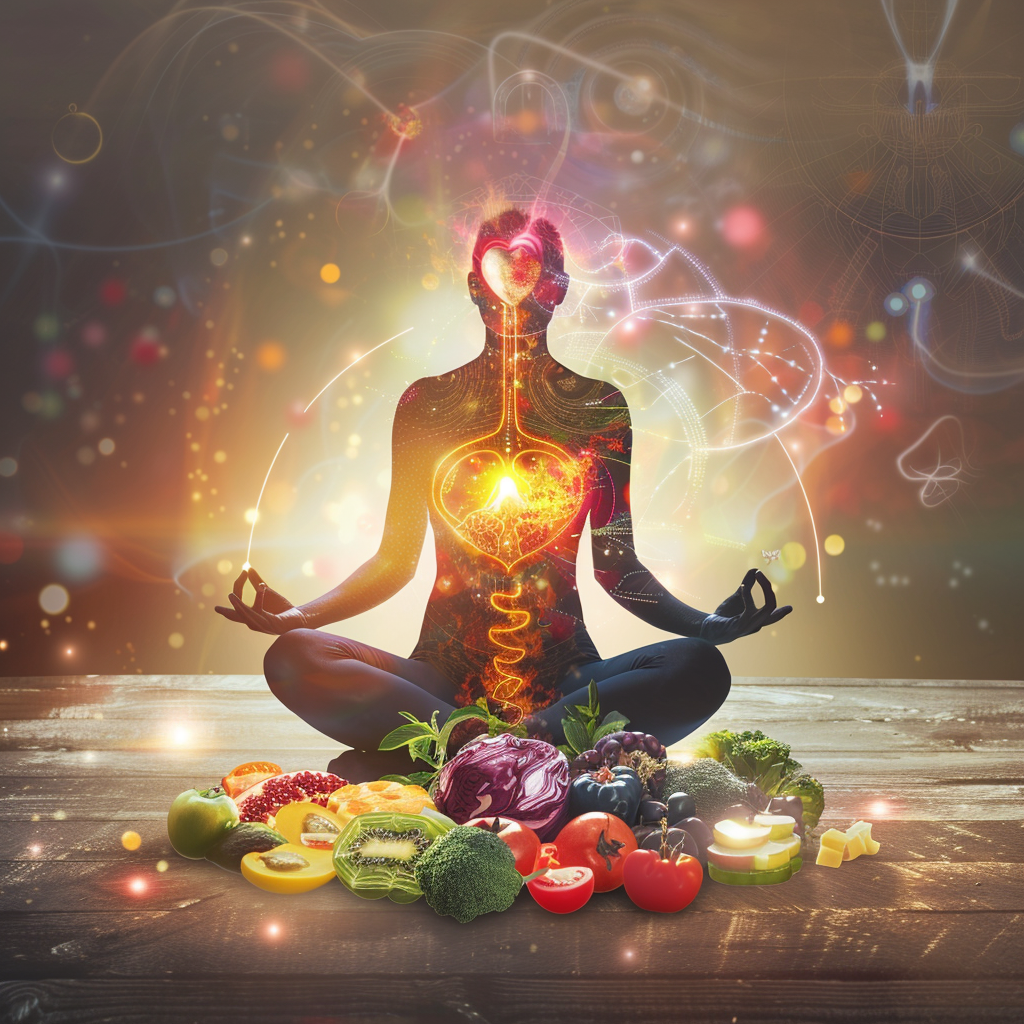 A person meditating, with glowing lines connecting their mind and body, surrounded by fresh food.