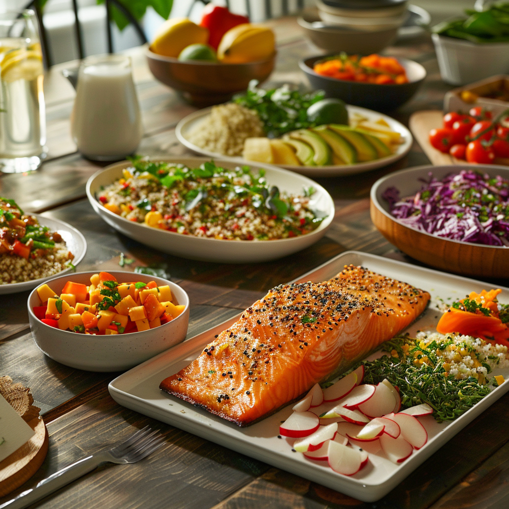 A table filled with healthy meals like overnight oats, grilled chicken salad, and baked salmon, surrounded by happy diners.