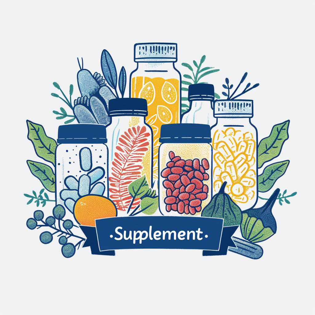 Fresh foods and supplement bottles on a bright, clean background, with a soft glow highlighting the supplements.