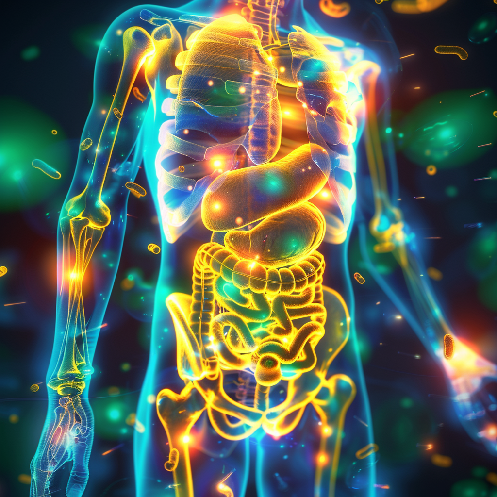 Transparent human body with a glowing, healthy intestine surrounded by vibrant microbiota