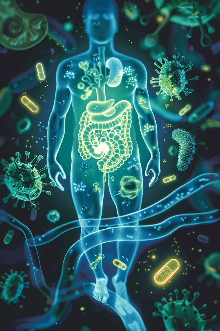 Illustration of probiotics in the gut balancing microbiome health, with yogurt and kimchi on the side