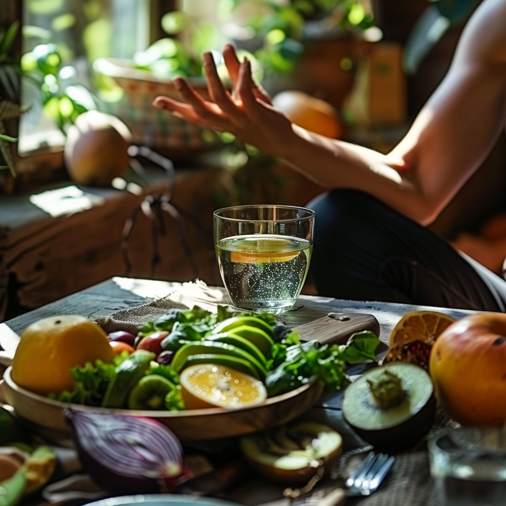 Scene showing healthy habits such as eating a balanced meal, practicing yoga, and hydrating with water