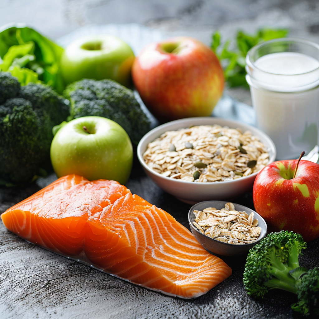 Foods rich in gut-friendly nutrients, including oats, broccoli, apples, salmon, and kefir