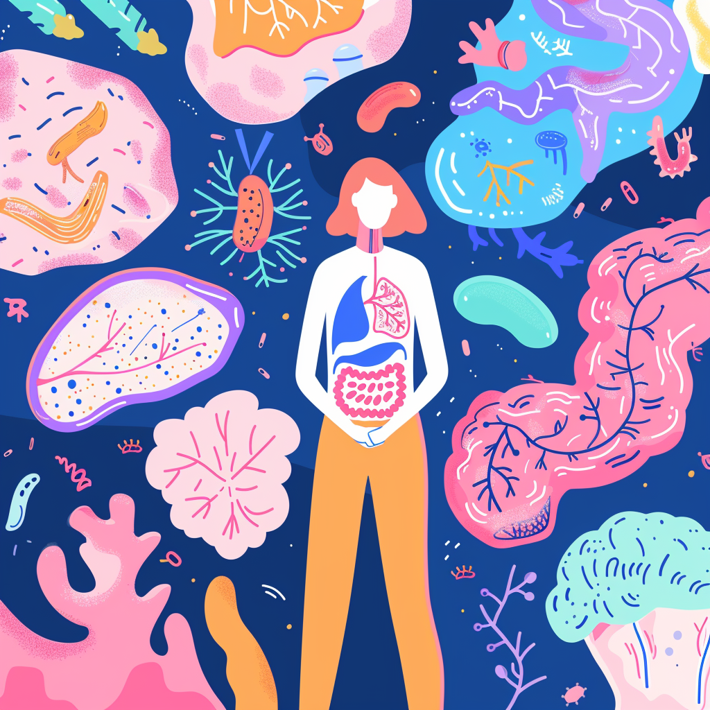 Illustration of probiotics in the gut balancing microbiome health, with yogurt and kimchi on the side