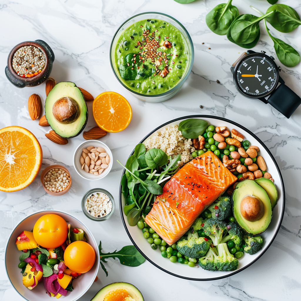 Fresh fruits, vegetables, and healthy meals on a white marble surface