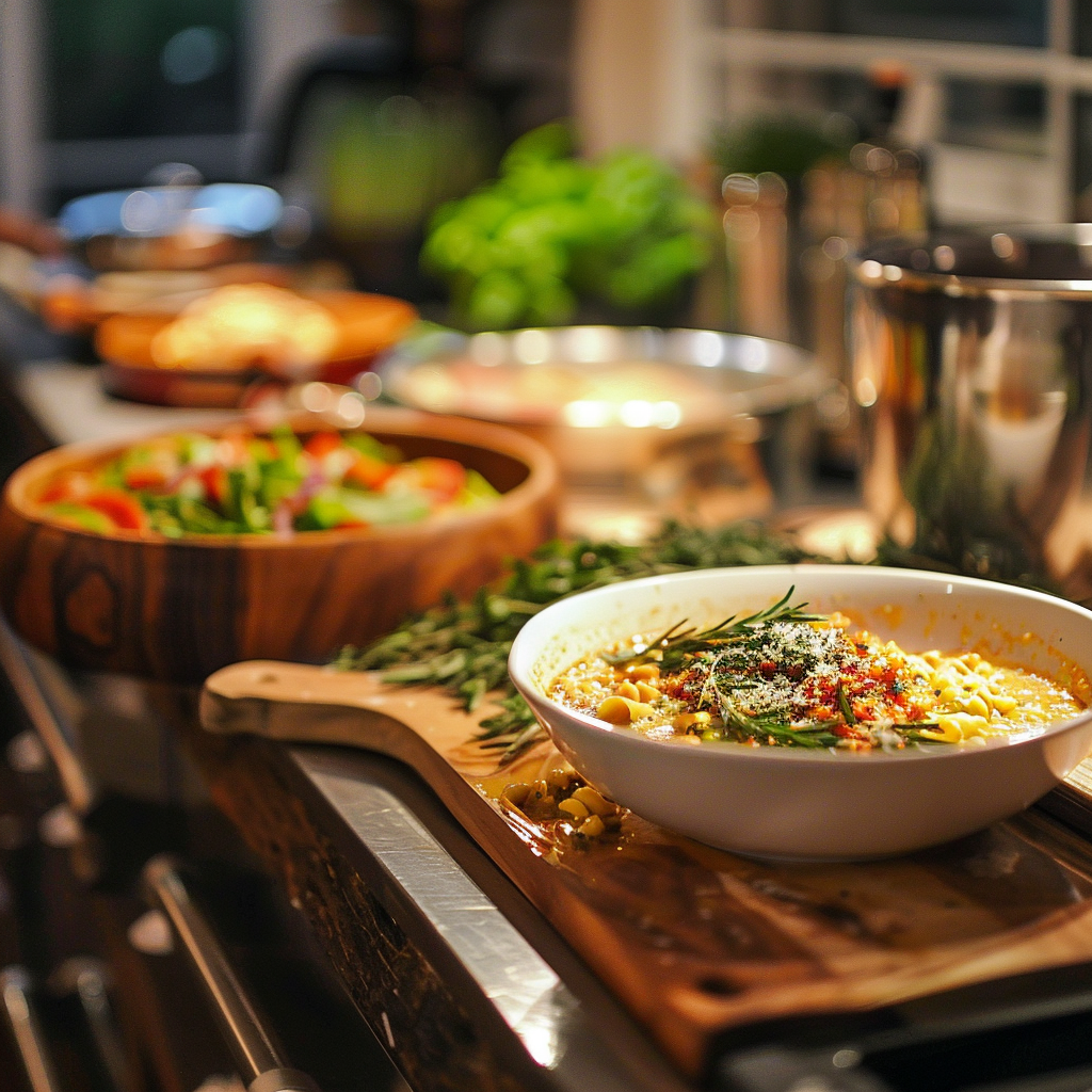 A kitchen countertop with beautifully plated homemade dishes.