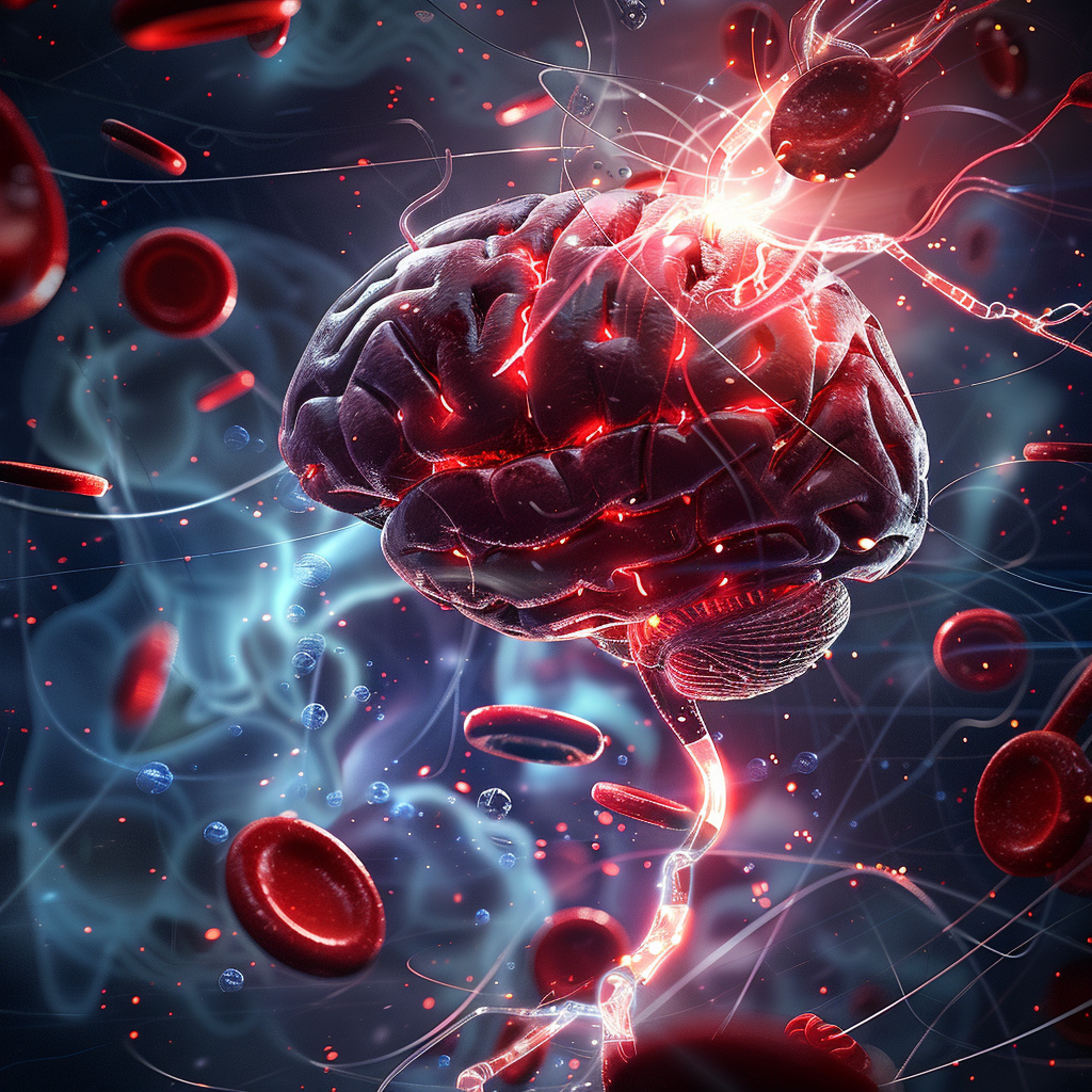 Red blood cells carrying oxygen through arteries with an iron (Fe) symbol and a glowing brain in the background.