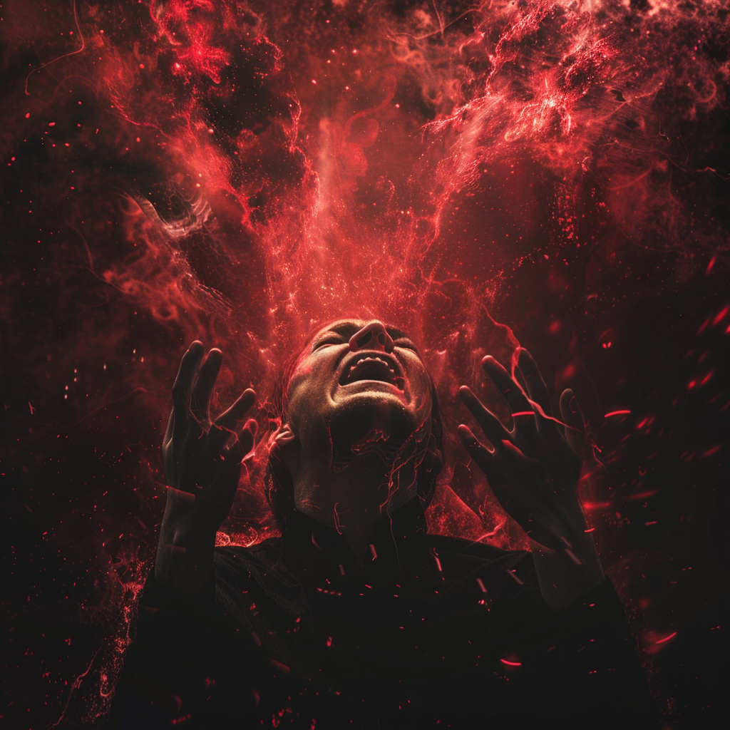 A person gasping for air during a panic attack with a red aura symbolizing nervous system overactivity.