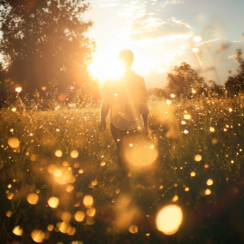 A person confidently walking in a sunlit field, surrounded by glowing particles of vitality.