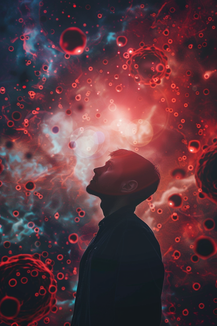 A person standing tall with a glowing health aura, surrounded by oxygen molecules and red blood cells in a radiant sky.