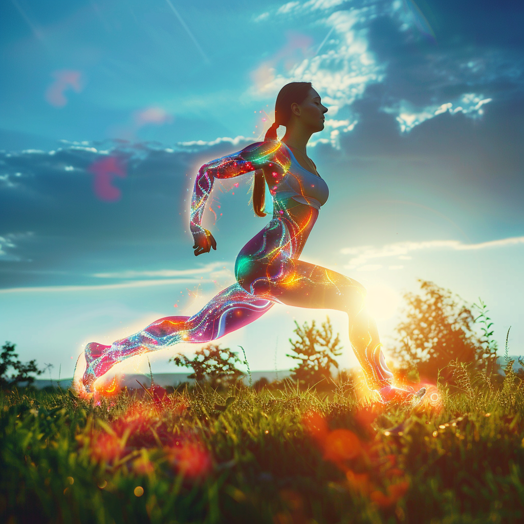 A fit person stretching outdoors under the morning sun with energy radiating from their body, symbolizing metabolism activation.