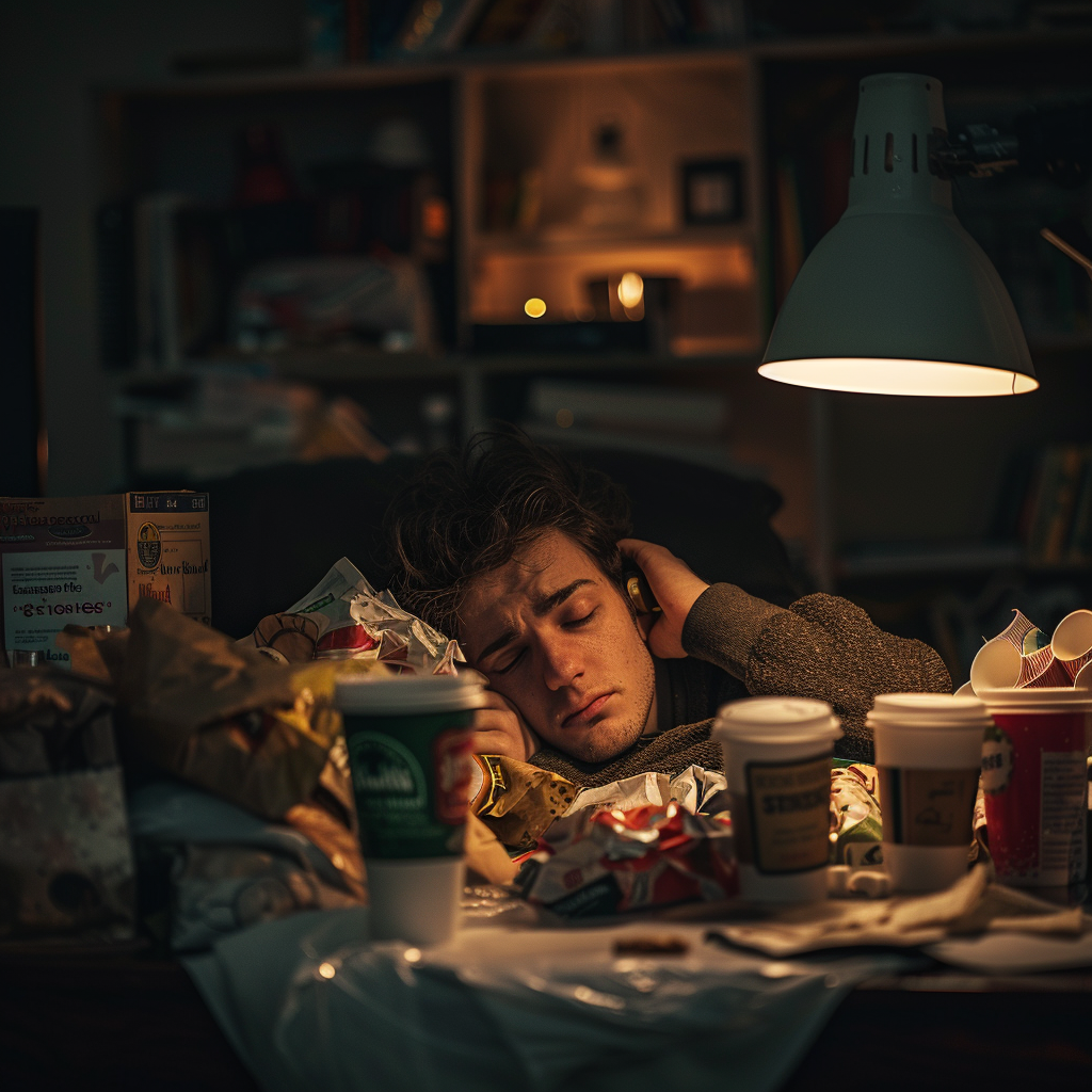 A tired person sitting at a cluttered desk, surrounded by coffee cups and snacks, symbolizing poor lifestyle choices affecting metabolism.