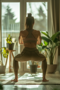 A fit woman in high-performance leggings performing a squat in a bright, modern living room, demonstrating proper form and lower body strength