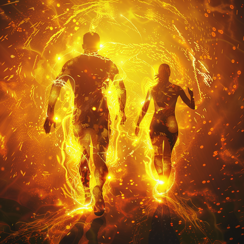 A glowing human body symbolizing energy flow and healthy mitochondria, with active people walking and running.