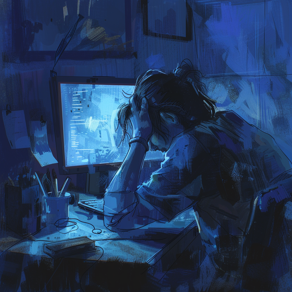 A stressed, fatigued person sitting at a desk, surrounded by a dark, moody environment with negative energy.