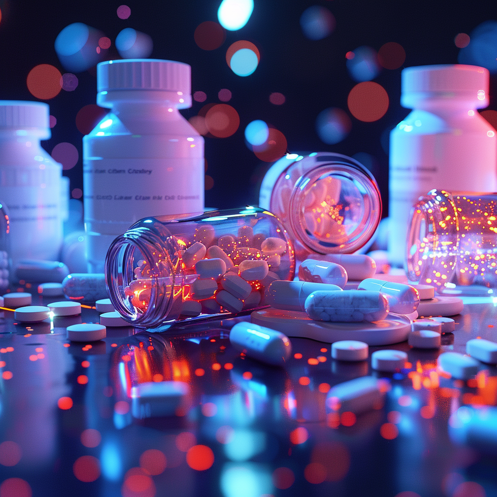 A table displaying neatly arranged supplement bottles, glowing mitochondria inside cells, and a happy, energized person in a clean, futuristic environment.