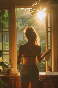 A person journaling and planning a morning routine, with sunlight streaming into a bright, hopeful room.