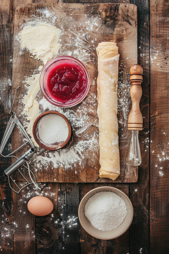 Flat-lay of ingredients including puff pastry, jam, food coloring, egg, and powdered sugar on a wooden board