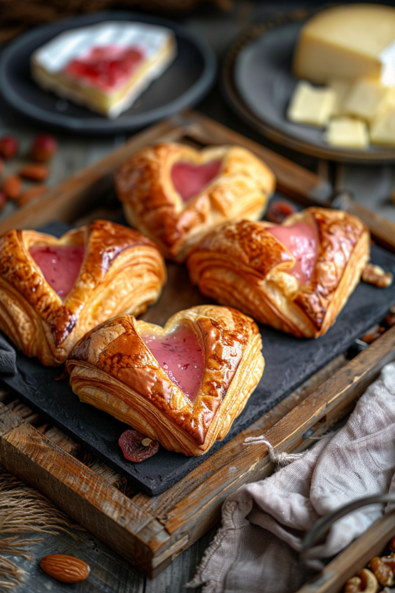 Heart-shaped croissants on a rustic wooden tray with a stone plate, accompanied by a cheese platter and dried fruits