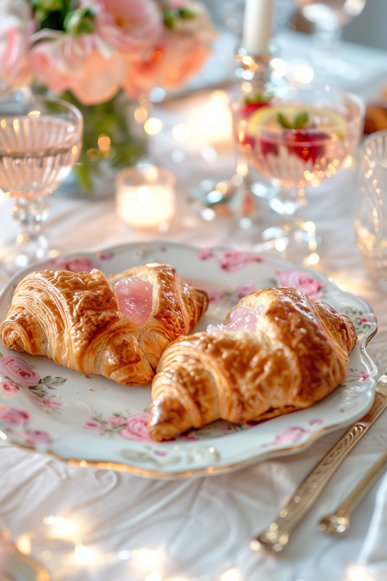 Heart-shaped croissants on a decorative plate with a festive table setting, flowers, and sparkling drinks garnished with strawberries and lemon slices