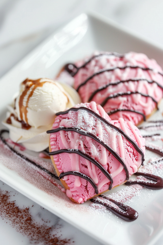 Heart-shaped croissants drizzled with melted chocolate and berry glaze, topped with colorful sprinkles, served with a scoop of ice cream