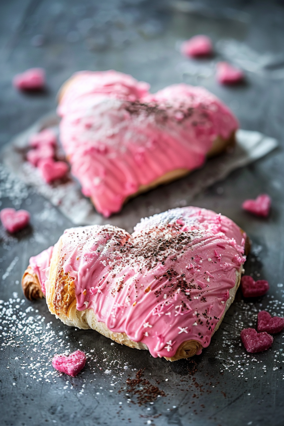 Heart-shaped croissants drizzled with melted chocolate and berry glaze, topped with colorful sprinkles, served with a scoop of ice cream