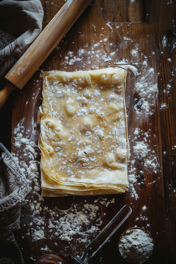 Rolled-out puff pastry sheet on a floured wooden surface with a rolling pin nearby